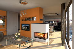 3D návrh moderní krb Brunner s rohovým prosklením